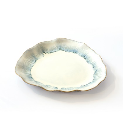8.5" stoneware salad plate, comes in a set of 4, has the outline design of a blue fig, and embossed on the plate Arabic calligraphy "Ya Teen" - Meaning "O Fig".