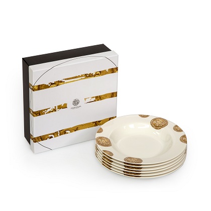 8" porcelain soup plates, comes in a set of 6, adorned with a number of Othoman-inspired coins.