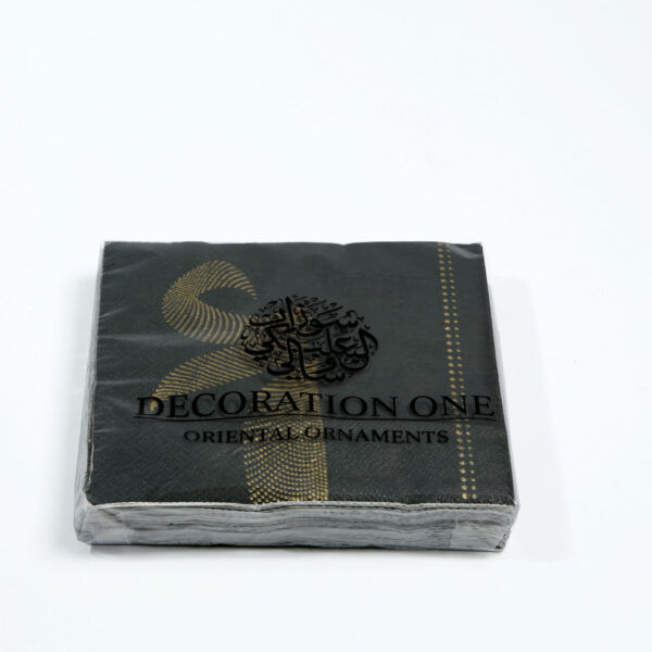 Printed napkins, grey base color, with golden-print dotted Arabic calligraphy pattern. Napkin size 24x24cm when open, 2ply tissue, 20 napkins per pack.