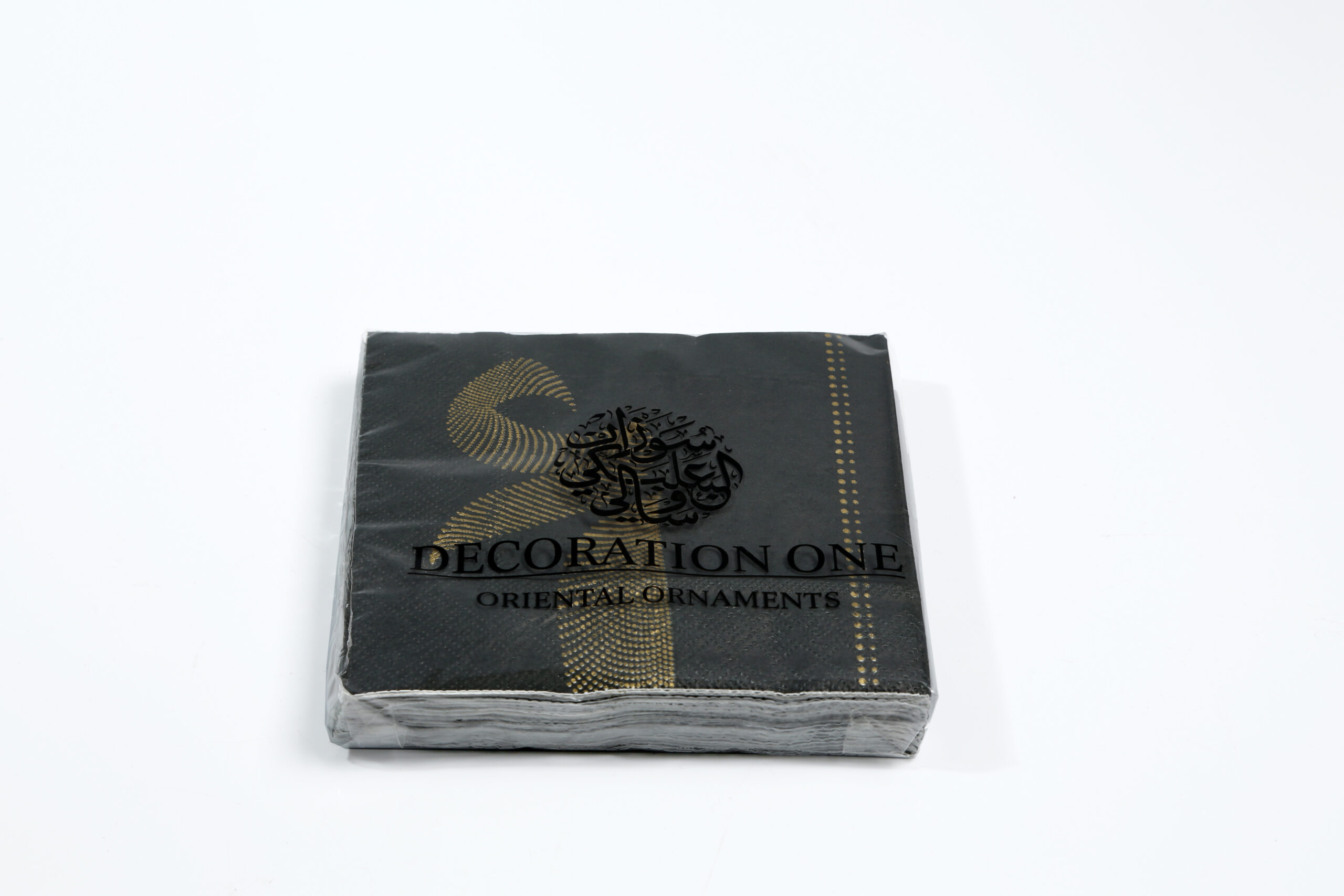 Printed napkins, grey base color, with golden-print dotted Arabic calligraphy pattern. Napkin size 24x24cm when open, 2ply tissue, 20 napkins per pack.