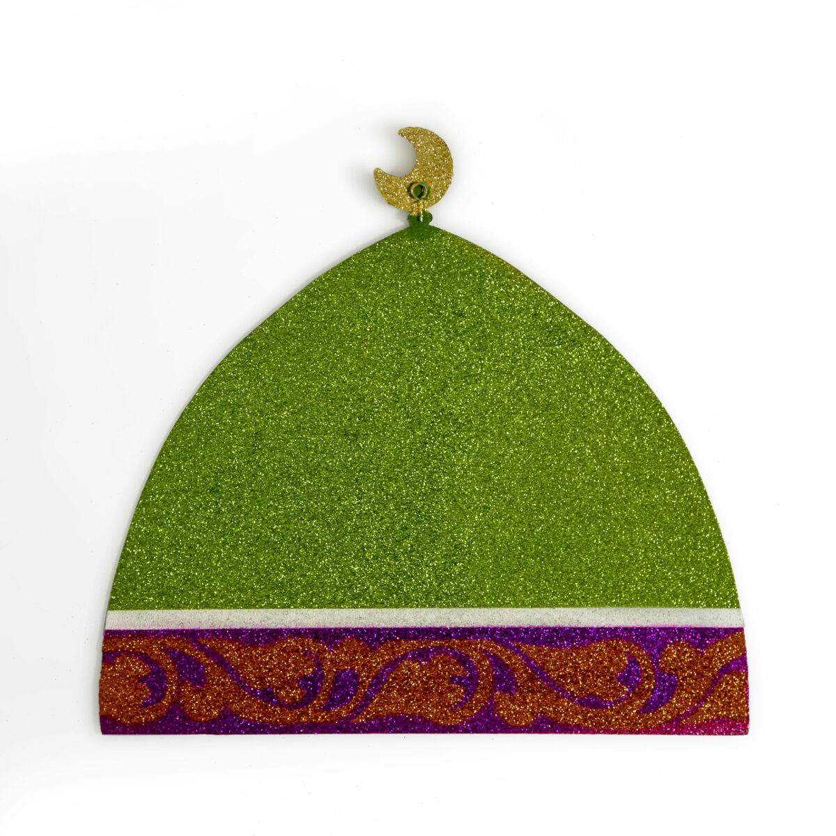 Metal dangler, in 2D form, glittered, in green color, with a hanger at the crescent.