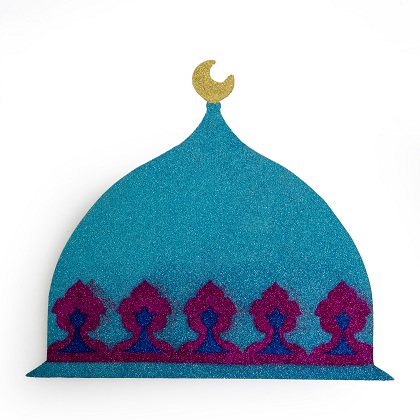 Metal dangler, in 2D form, glittered, in turquoise color, with a hanger at the crescent.