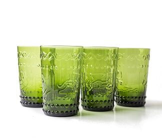 Tumbler glasses, comes in a set of 6, with embossed Arabic calligraphy of words of virtue "Al Mahaba, Al Rizq, Al Karam, Al Ni'meh, Al Baraka" - Meaning "Love, Sustenance, Generosity, Grace, Blessing".