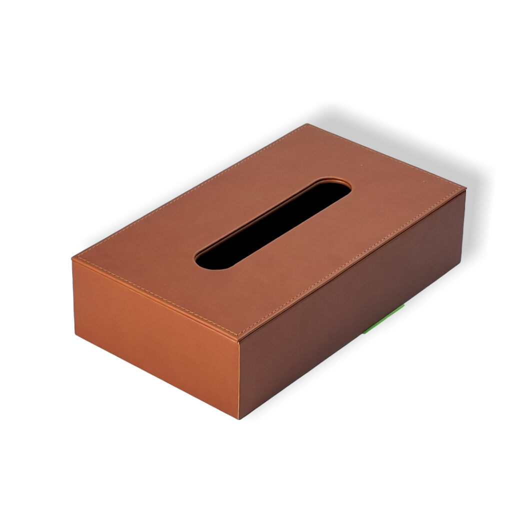 Camel-colored leather rectangle tissue box for stylish home or office decor