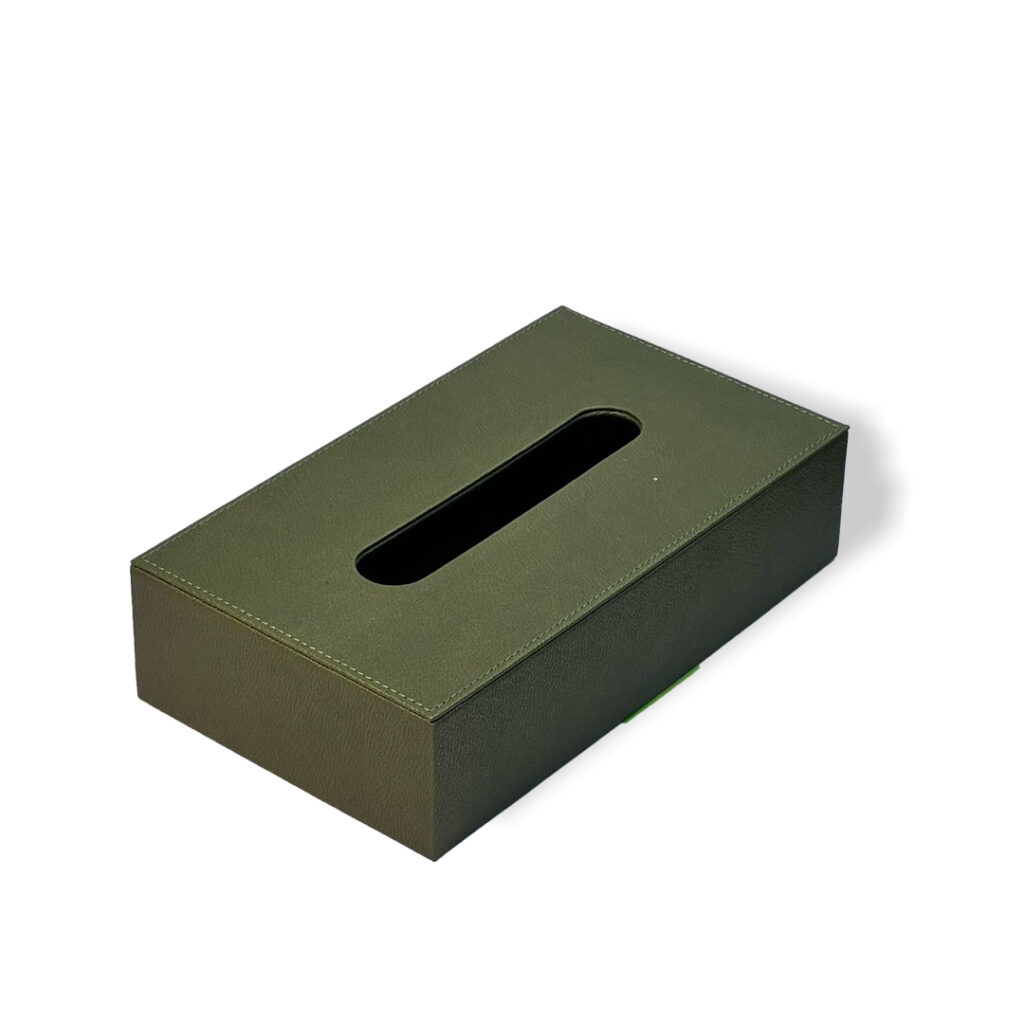 Rectangle tissue box in forest green leather handcrafted by Qirmez