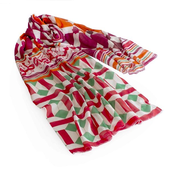 alt="modal cotton scarf with red and orange geometric pattern"