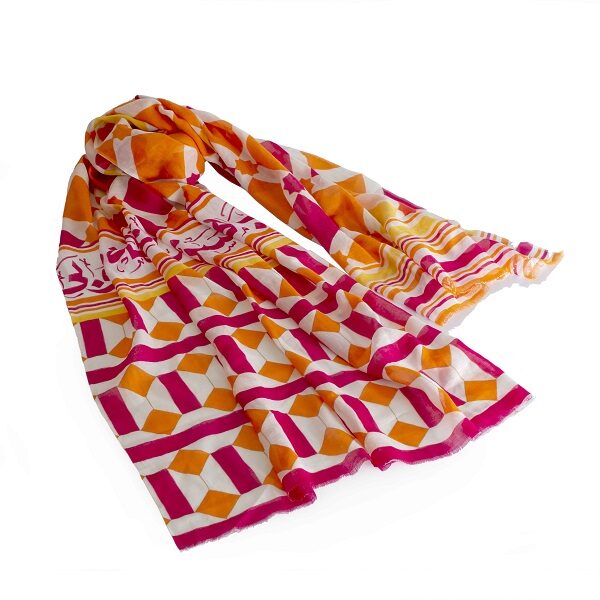 alt="modal cotton scarf with pink and orange geometric pattern"