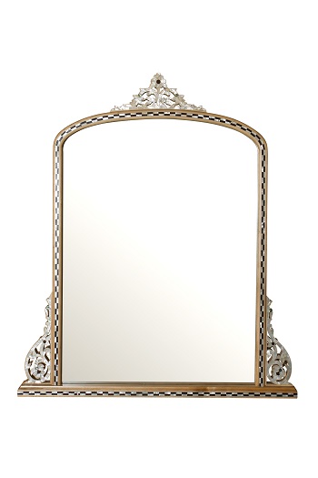 alt="wood and mother of pearl mirror"