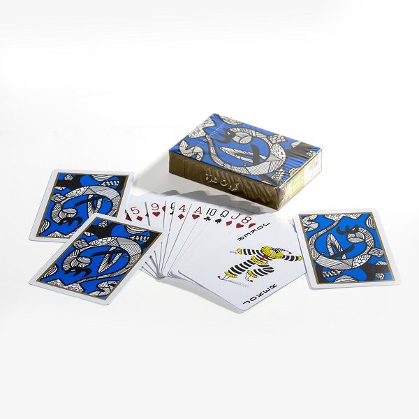 alt="playing cards with navy blue background and arabic calligraphy"