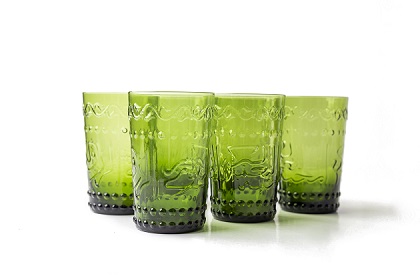 alt="juice and water glasses embossed green"