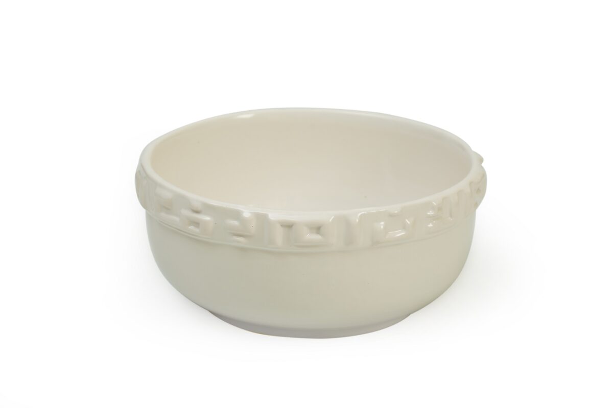 alt="Ceramic white bowl with written letters on the side"