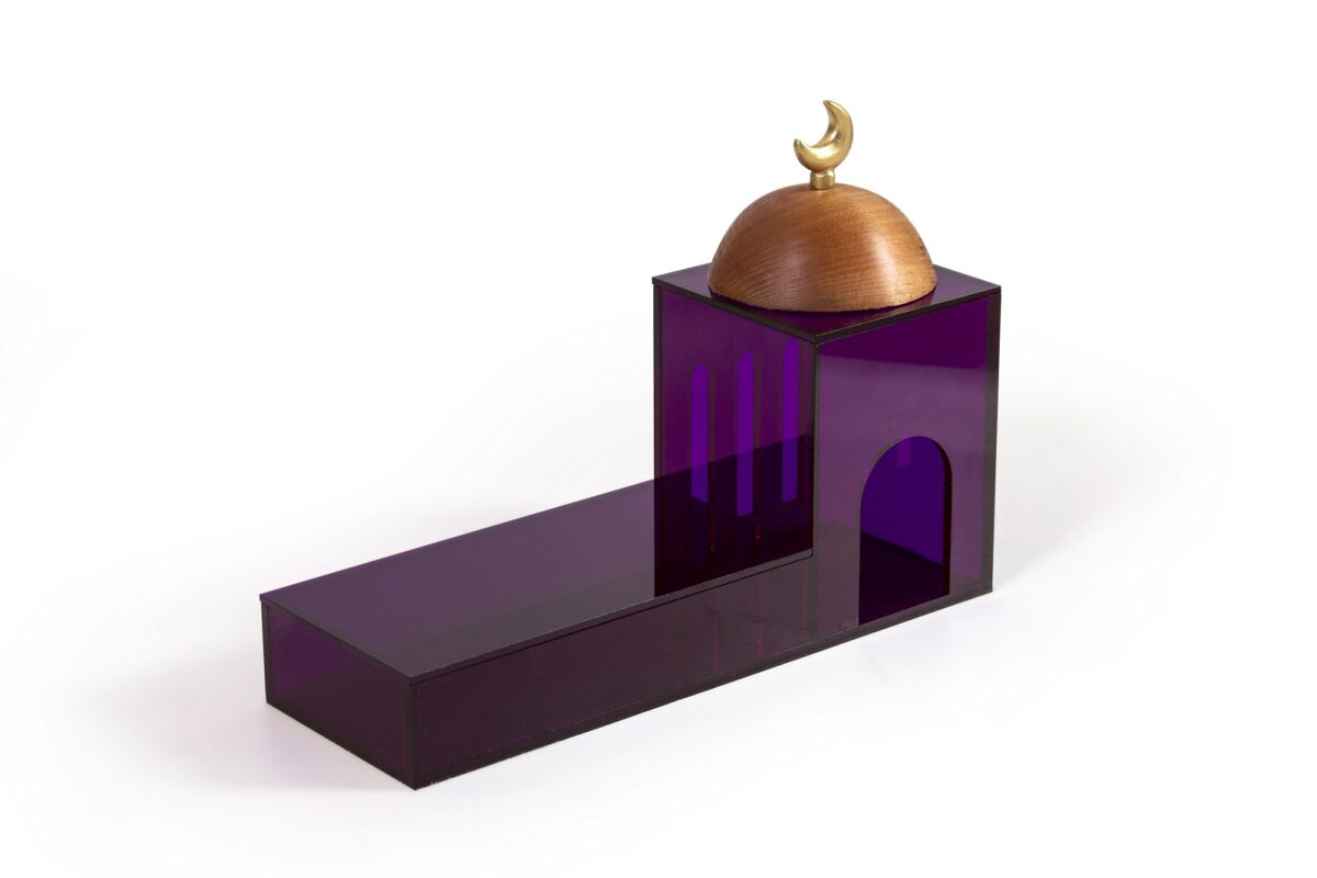 alt="purple plexi mosque with golden minaret"
