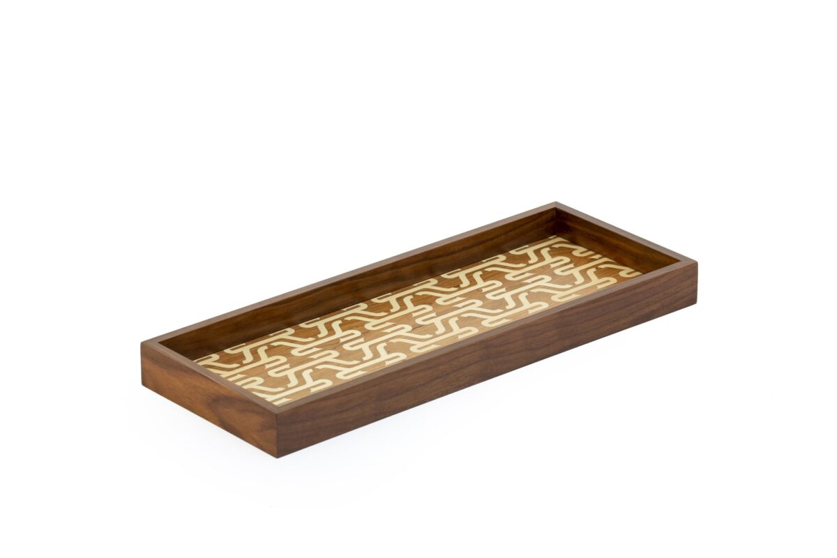 alt="walnut wood veneer tray with Arabic calligraphy"