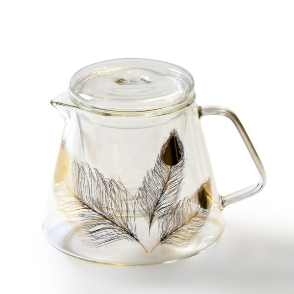alt="Grey pot 600 cc with painted golden feathers"