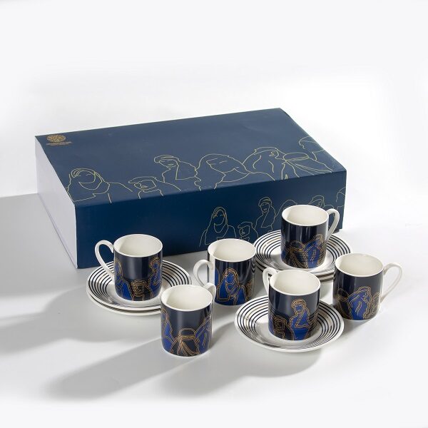 Faces and figure shapes Turkish coffee cups with navy blue background and gold writing