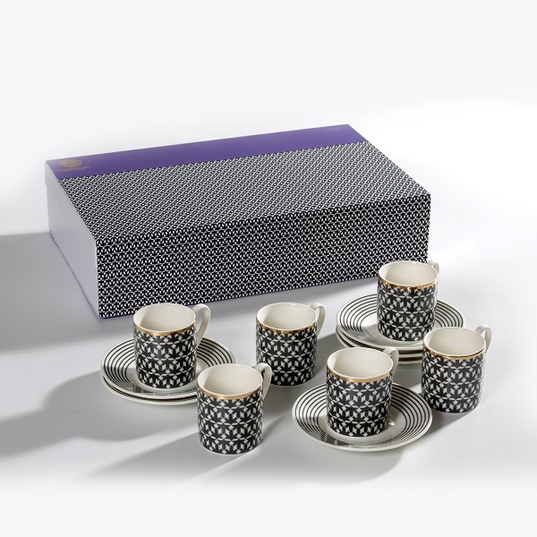 Turkish coffee cups with dotted geometrical black white and grey calligraphy