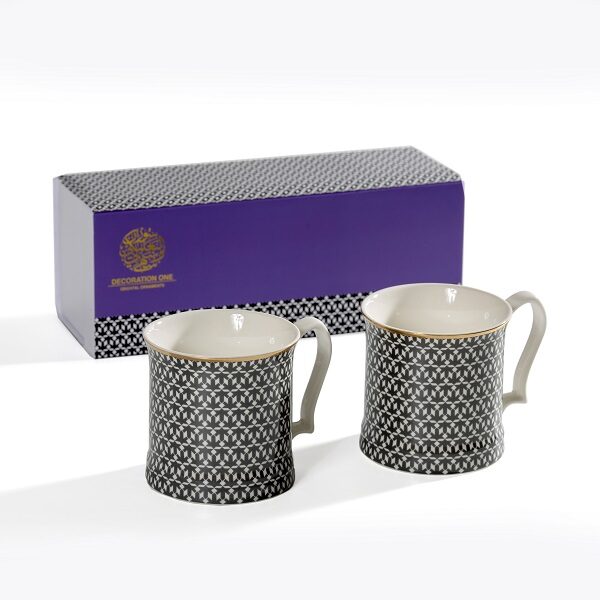 Turkish coffee cups with geometric dotted grey black and white calligraphy