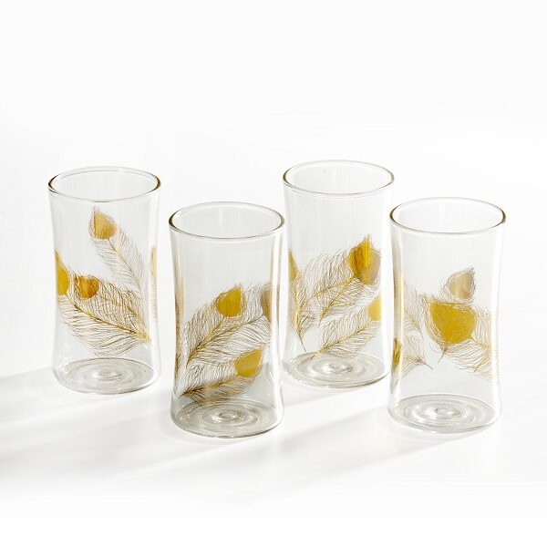 Water glasses with peacock golden feathers calligraphy drawing