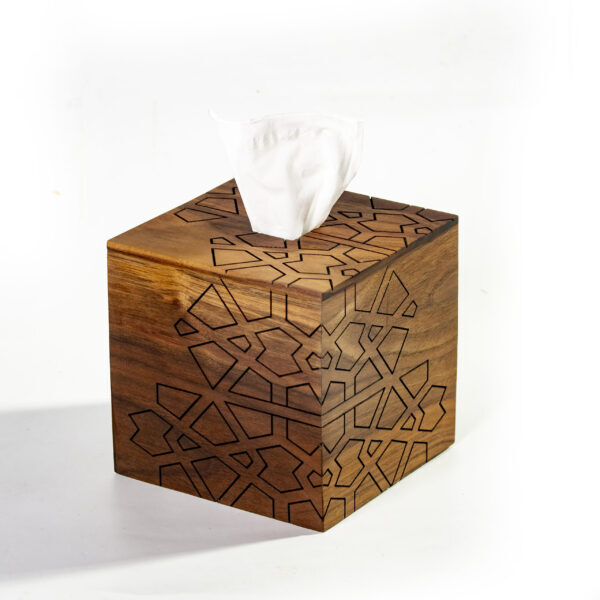 alt="wood tissue box with designs"