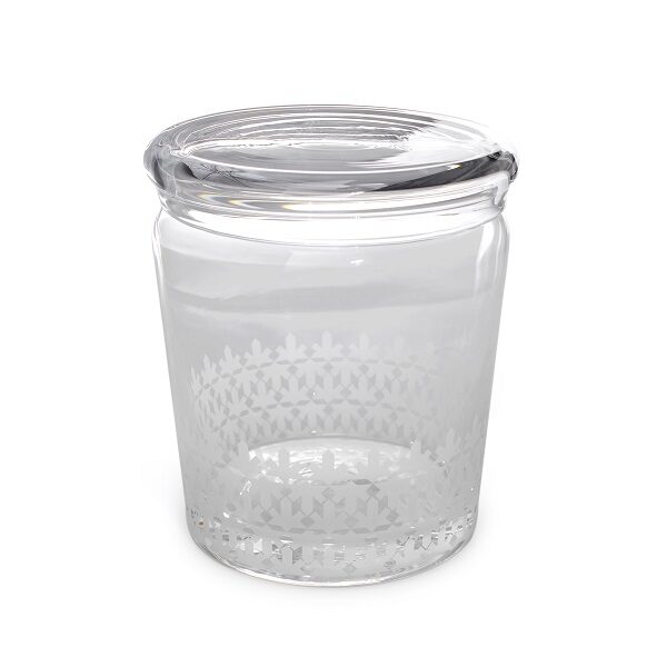 alt="clear glass cannister with white motif design"