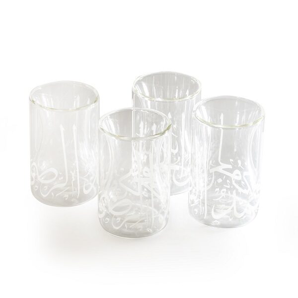 alt="clear double wall tea cups with white calligraphy"