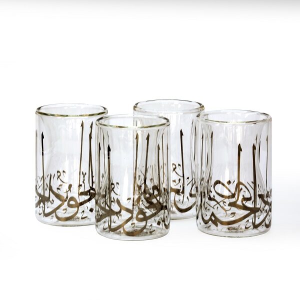 alt="clear double wall tea cups with platinum calligraphy"