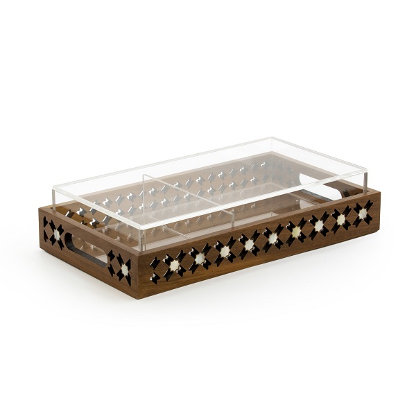 alt="wooden tray with acrylic compartment box"