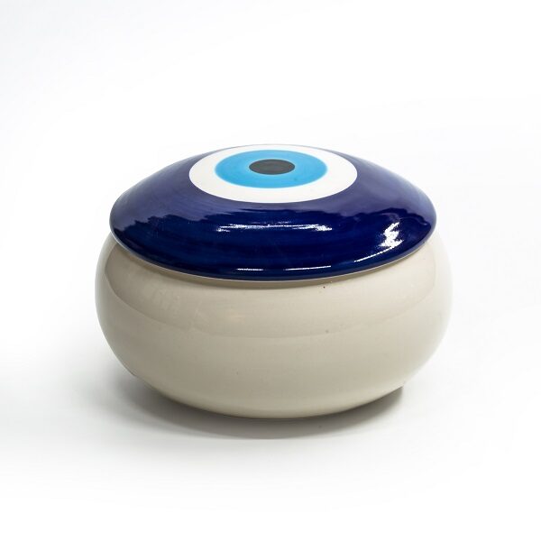alt="blue eye ceramic bowl with lid"