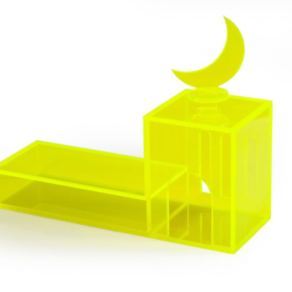 An acrylic mosque, from the collection "Tareef", in bright neon color, with a cover on the dome part, and a cover on the long rectangular plate.