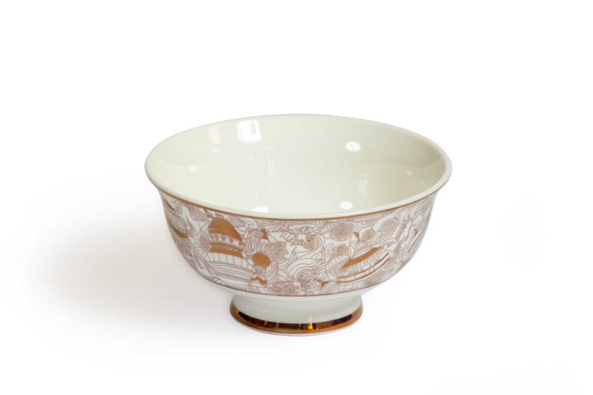 Porcelain soup bowls, comes in a set of 6, suitable for soups, nuts, and dips. The bowls are adorned with a city in gold print, inspired from a city in an Arab country, and is a commissioned art work from the artist Lizzie Cullen.