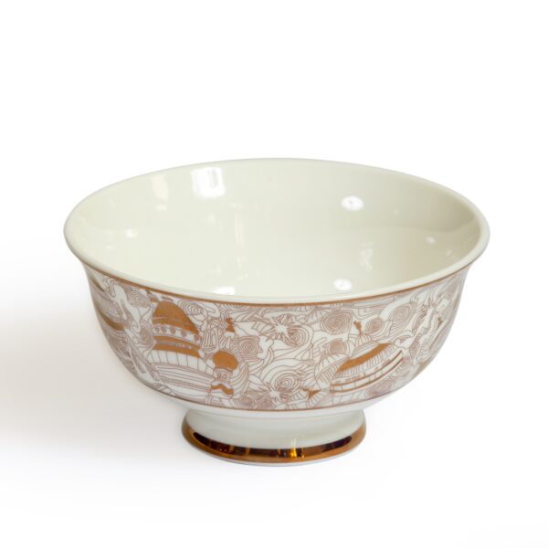 Porcelain soup bowls, comes in a set of 6, suitable for soups, nuts, and dips. The bowls are adorned with a city in gold print, inspired from a city in an Arab country, and is a commissioned art work from the artist Lizzie Cullen.