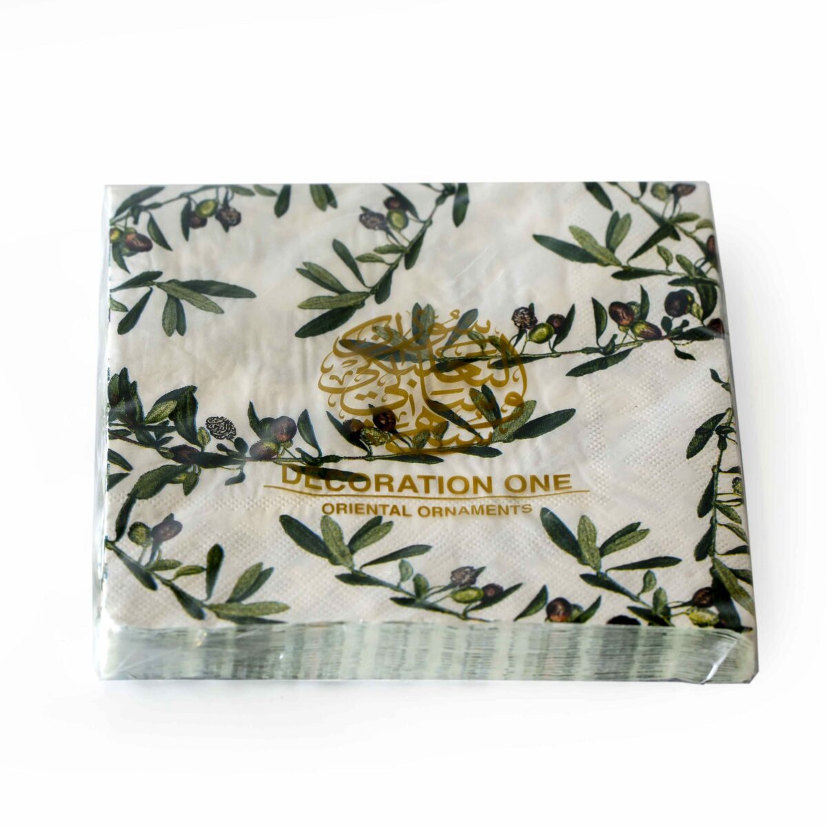 Printed napkins, with olive branches and leaves design. Napkin size 33x33cm when open, 3ply tissue, 20 napkins per pack.