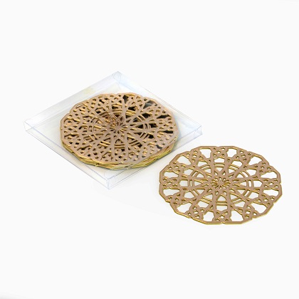 PVC coasters, in champagne color, comes in a set of 6, and has a diameter of 10 cm. The design in inspired for the Islamic geometric star.
