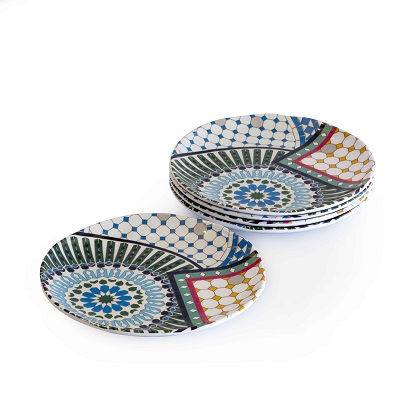 11" Melamine dinner plate, comes in a set of 6, inspired from Meknes design, that is known for their colorful ceramic tiles in geometric patterns in the city Meknas in Marocco.