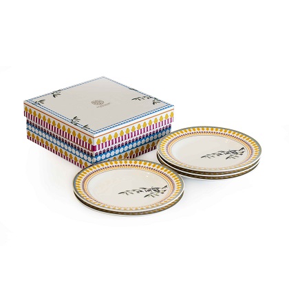 6" porcelain bread plates, comes in a set of 6, adorned with olives leaves and branches and gold-print Arabic calligraphy.