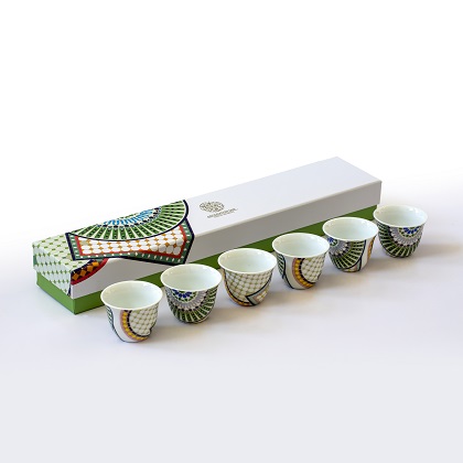 New bone porcelain 60cc Qahwa Arabic coffee cups, comes in a set of 6, inspired from Meknes design, that is known for their colorful ceramic tiles in geometric patterns in the city Meknas in Marocco.