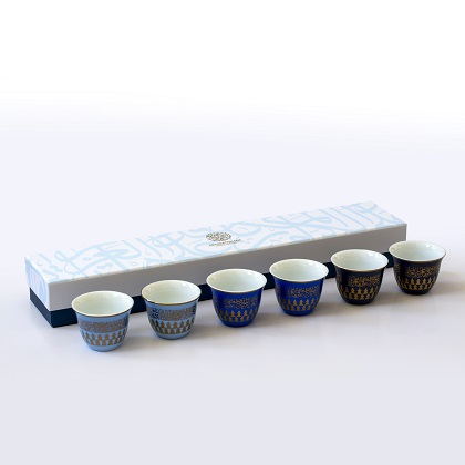 "New bone porcelain 60cc Qahwa Arabic coffee cups, comes in a set of 6, adorned with a verse written by the poet Al Mutanabi describing how people's true selves is shown in how generous they are. عَلى قَدرِ أَهلِ العَزمِ تَأتي العَزائِمُ وَتَأتي عَلى قَدرِ الكِرامِ المَكارِم. "