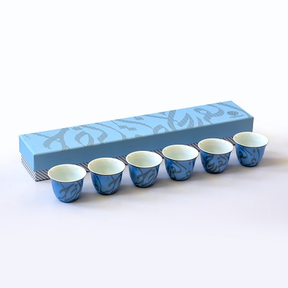New bone porcelain 60cc Qahwa Arabic coffee cups, comes in a set of 6, adorned with a verse that happiness is a moment but contemptment is a life: الفرح لحظة و الرضا حياة