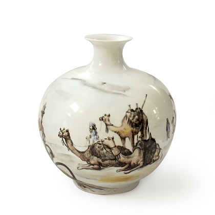 Ceramic 39x39x45 vase, designed with a pencil sketch from a French artist that depicts the beauty of the desert and camels as he saw it.