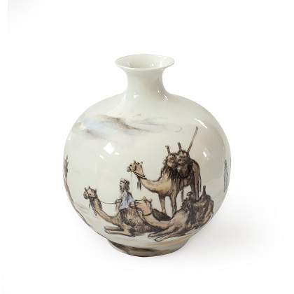 Ceramic 30x30x37 vase, designed with a pencil sketch from a French artist that depicts the beauty of the desert and camels as he saw it.