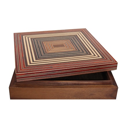 The wooden square box is made from walnut wood. It has a size of 21x22x5cm. Its cover is designed with various types of natural wood veneers in a beautiful design.