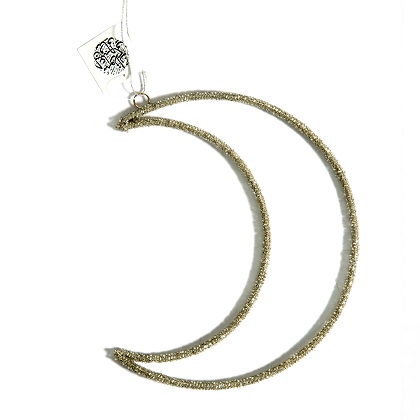 15" Silver beaded crescent with a hanger at the top, suitable for hanging.
