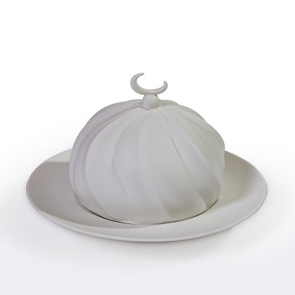 A dome made of biscuit porcelain in matt finish with a plate. Suitable to put dried fruits and dates inside it.