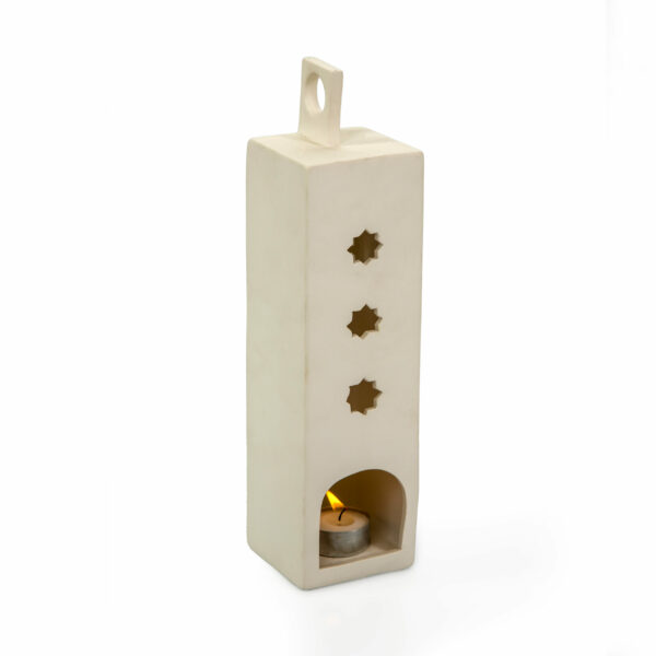 Matt porcelain minaret with geometric design, suitable for a tea-light candle.