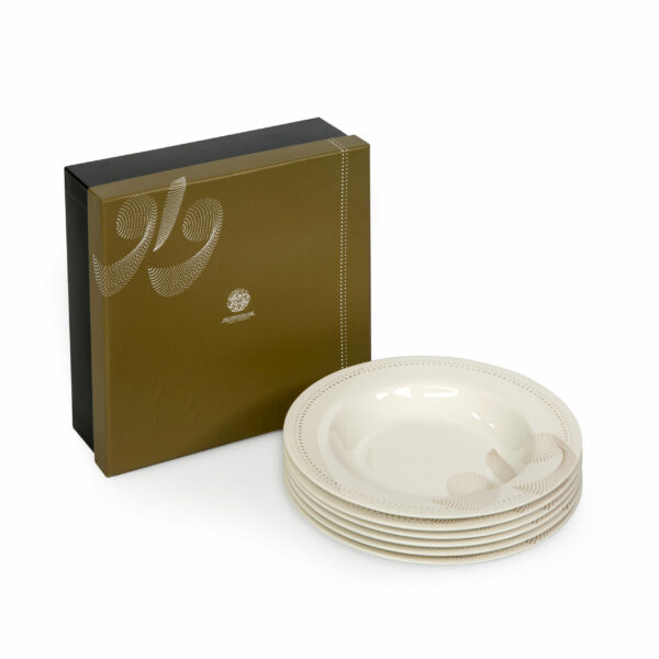 8" porcelain soup plates, comes in a set of 6, adorned with gold print Arabic alphabets designed in an array of dots.
