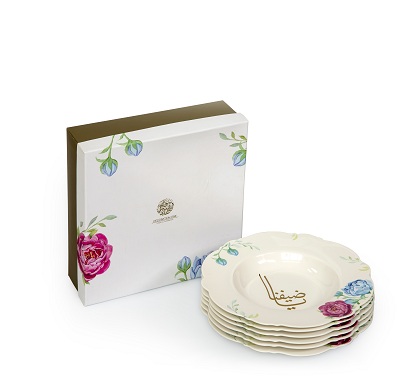 8" porcelain soup plates, comes in a set of 6, adorned with a pink peony flower and gold print Arabic calligraphy "Ya Daifana" - Meaning "Our Guest".