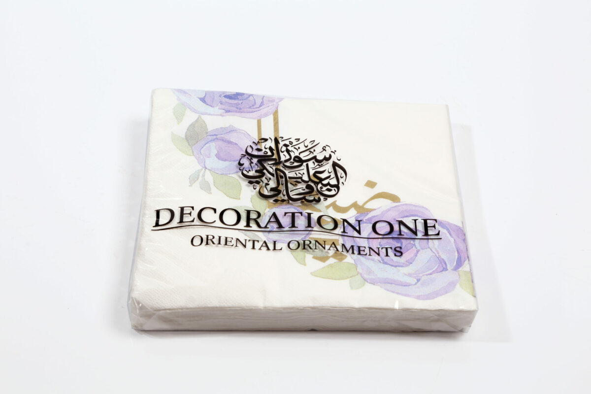 Printed napkins, with purple peony flower print and golden-print Arabic calligraphy "Ya Daifana" - Meaning "Our Guest". Napkin size 40x40cm when open, 3ply tissue, 20 napkins per pack.