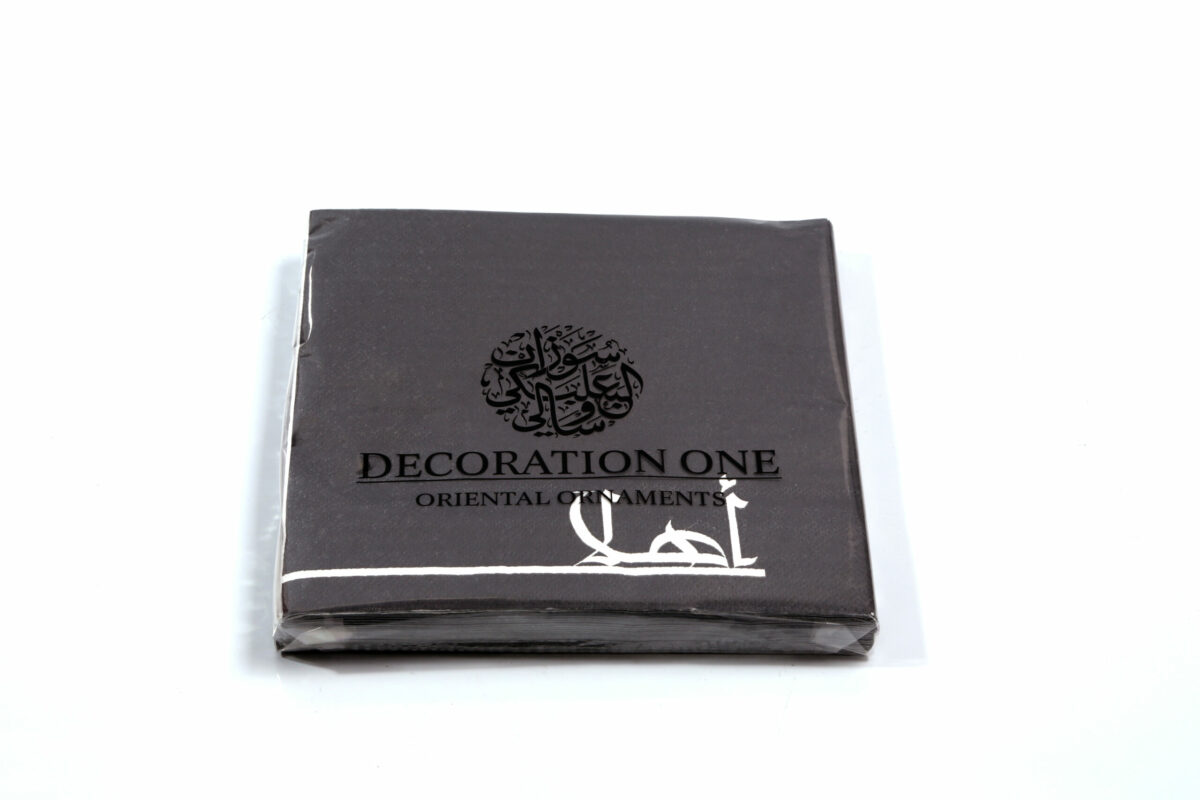 Printed napkins, grey base color, with white-print Arabic calligraphy "Ahlan" - Meaning "Welcome". Napkin size 30x30cm when open, 3ply tissue, 20 napkins per pack.