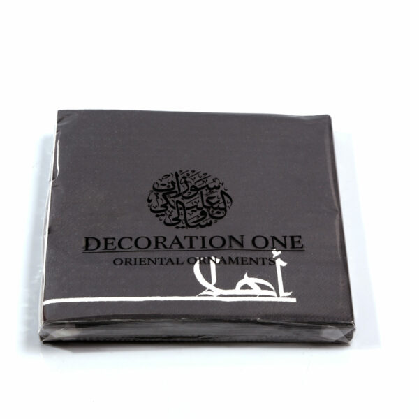 Printed napkins, grey base color, with white-print Arabic calligraphy "Ahlan" - Meaning "Welcome". Napkin size 30x30cm when open, 3ply tissue, 20 napkins per pack.