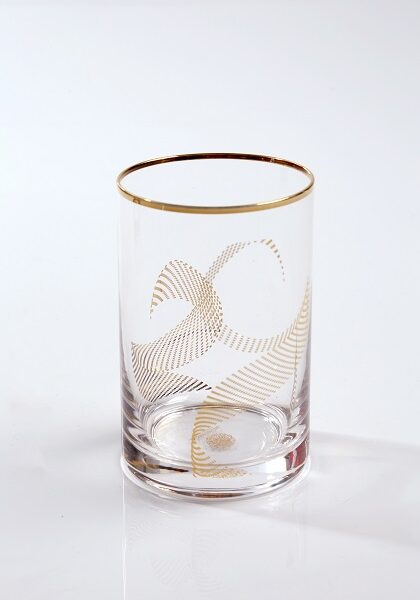 Tumbler glasses, comes in a set of 6, in gold Arabic alphabets designed in an array of dots.